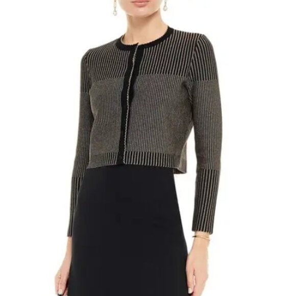 Oscar de la Renta Cropped Metallic Jacquard-Knit Cardigan Black Gold SMALL